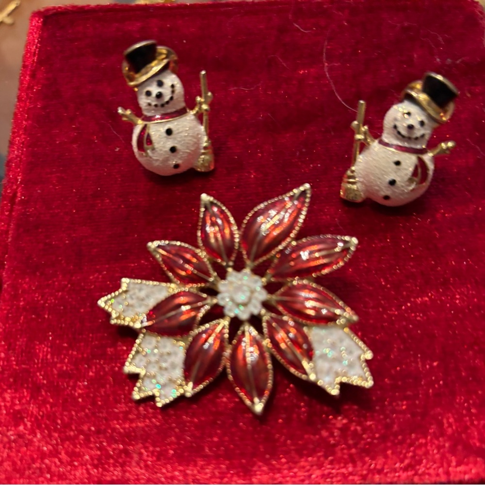 Elegant Snowman Earrings and Poinsettia Brooch Set